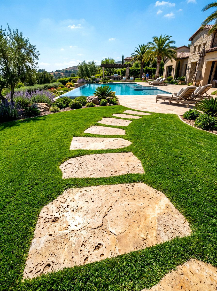 Travertine outdoor stepping stones - 30 stepping stones through grass ideas