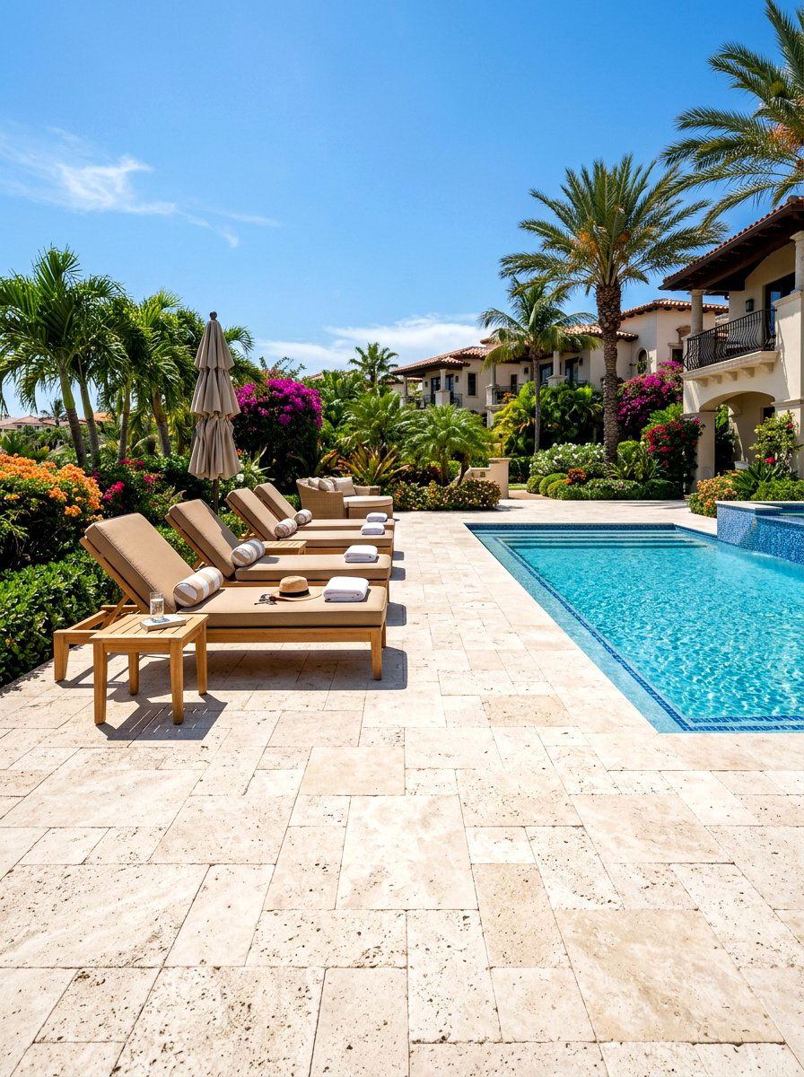 Travertine pool patio tiles - 30 small poolside patio ideas