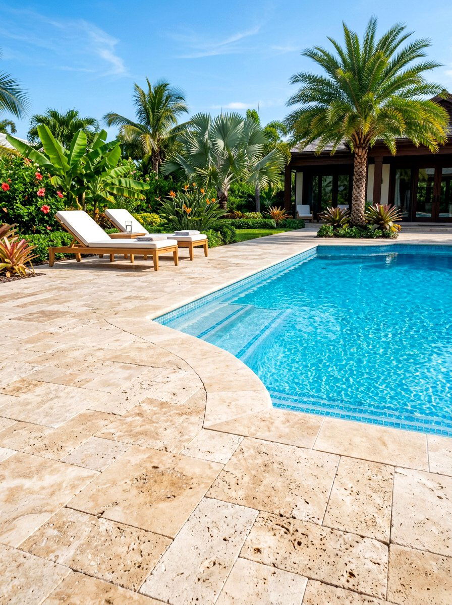 Travertine pool paving - 30 tropical pool landscaping ideas