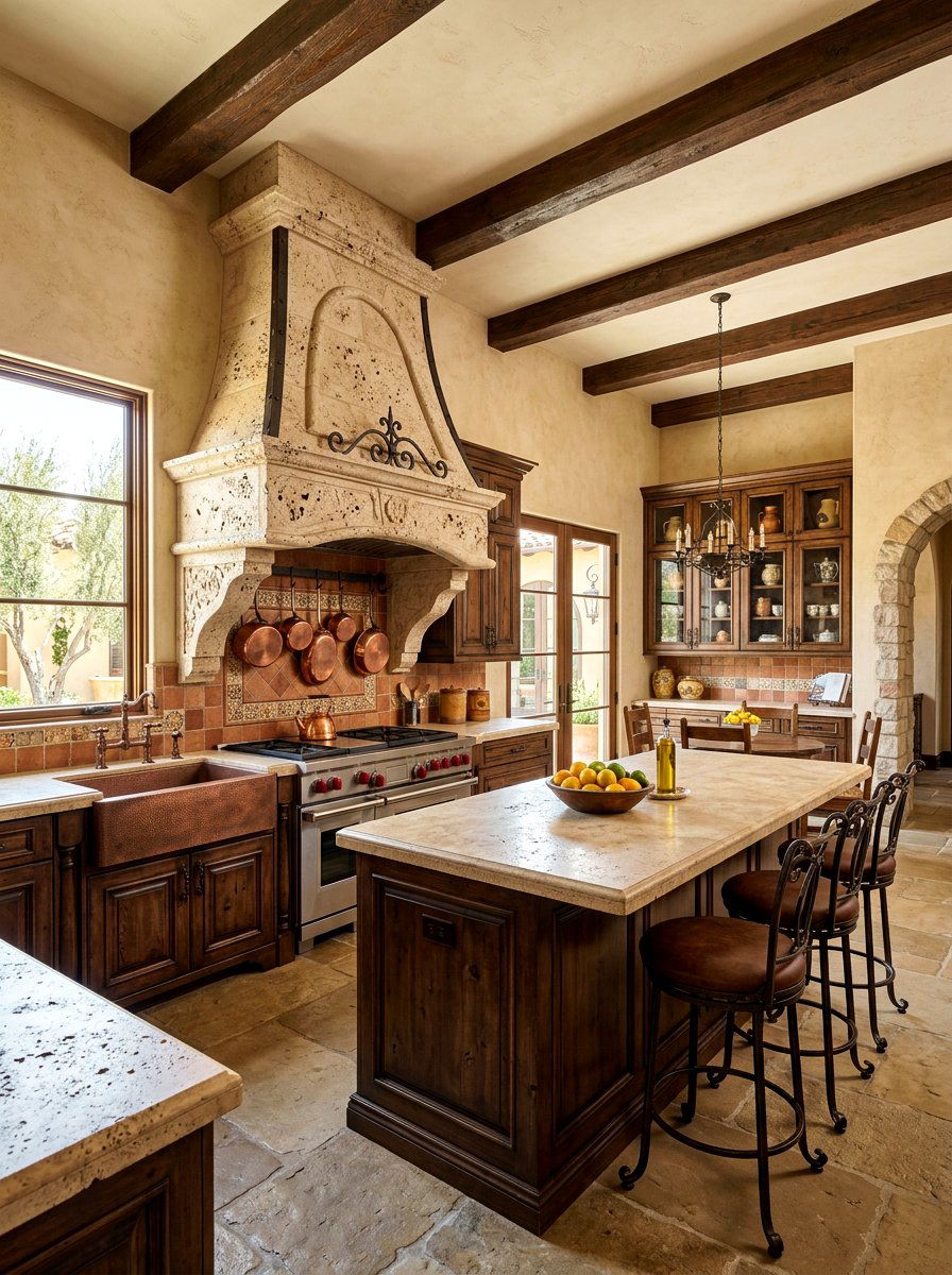 Travertine range hood - 30 stone hood kitchen ideas