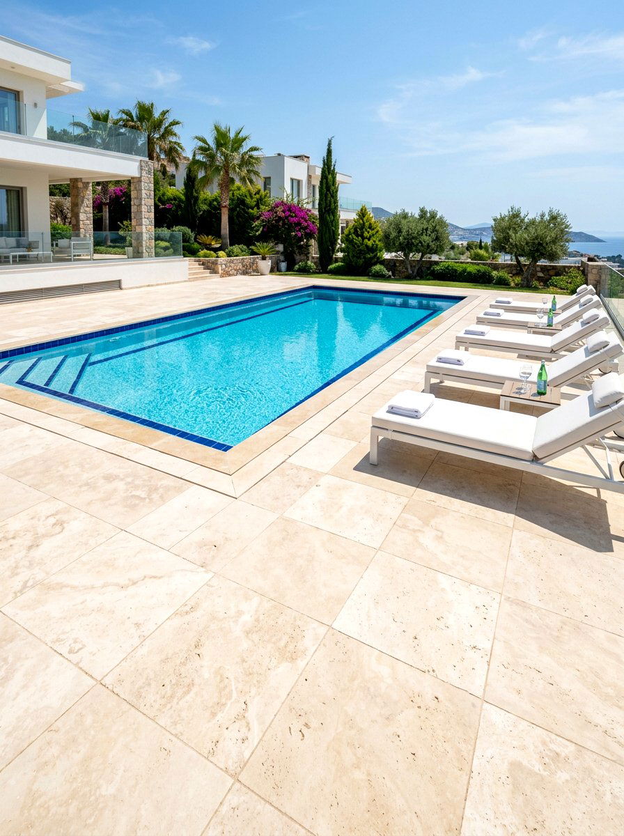 Travertine stone pool deck - 30 warm minimalist patio ideas