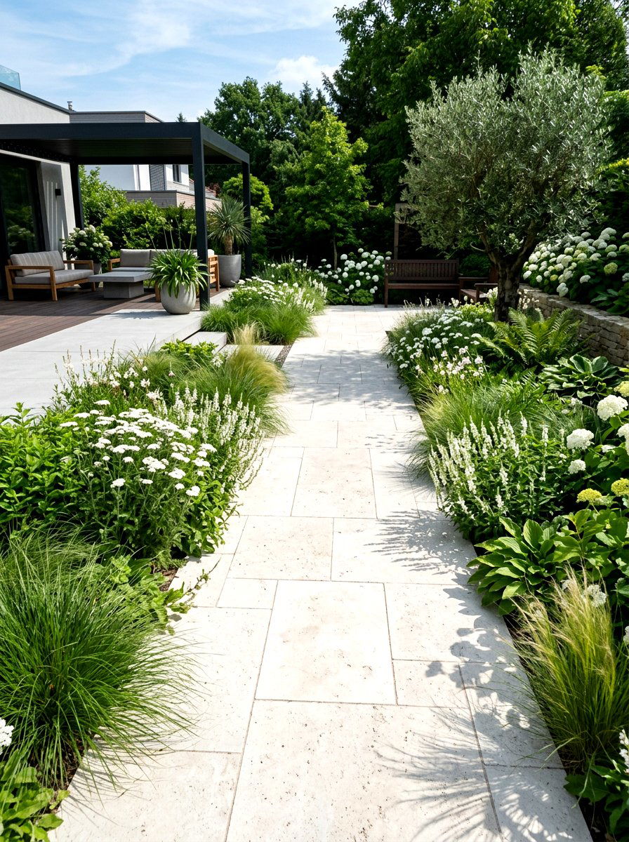 Travertine tile modern garden path - 30 secret path garden ideas