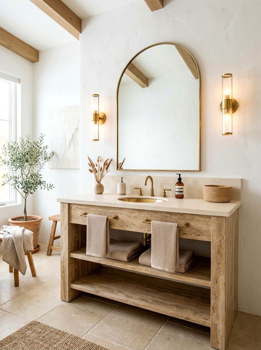 Travertine vanity with arched mirror - 30 travertine vanity bathroom ideas