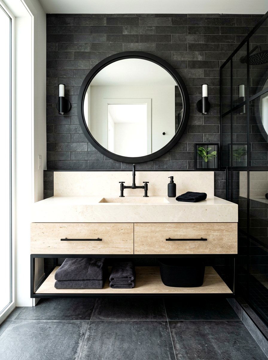 Travertine vanity with black accents - 30 travertine vanity bathroom ideas