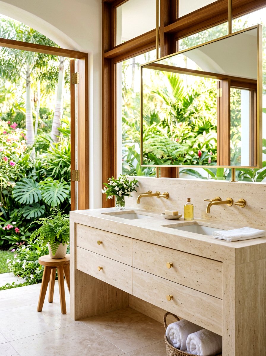 Travertine vanity with brass hardware - 30 travertine vanity bathroom ideas