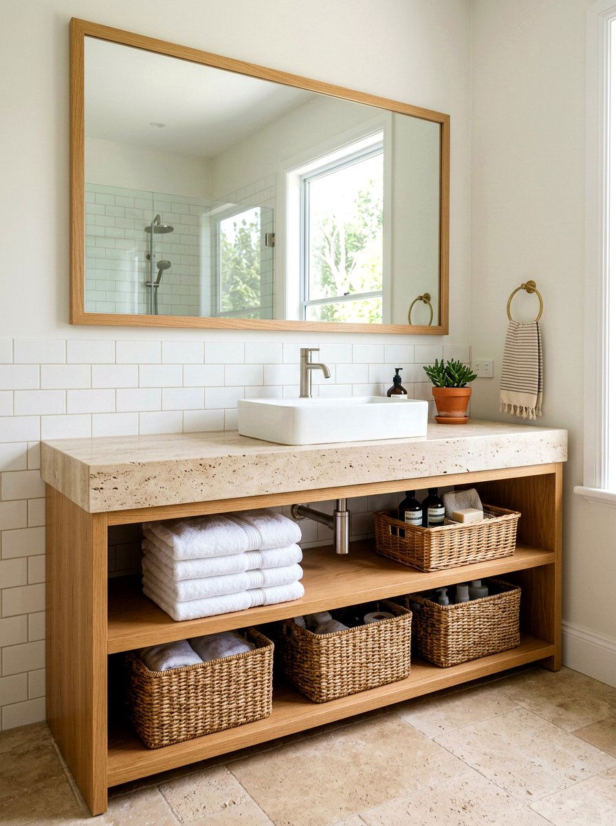 Travertine vanity with open shelving - 30 travertine vanity bathroom ideas