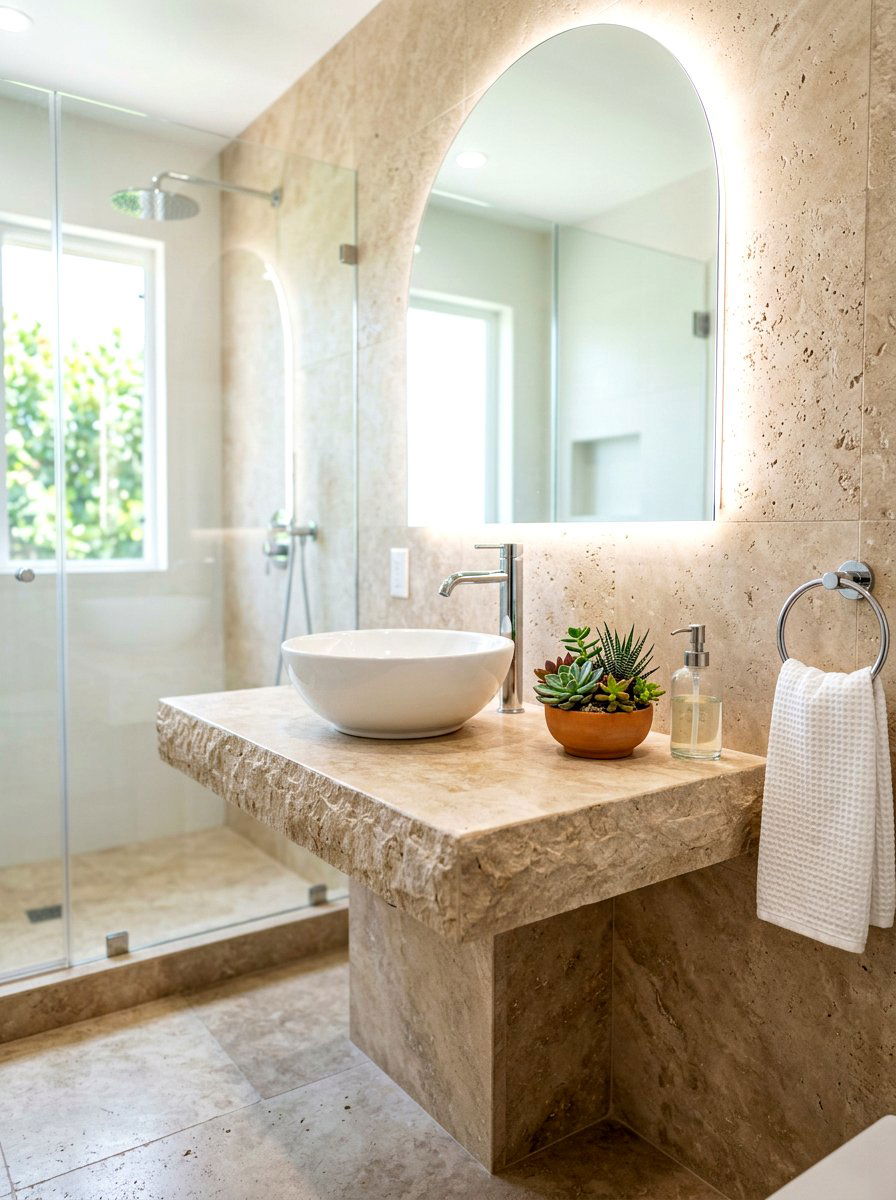 Travertine vanity with vessel sink