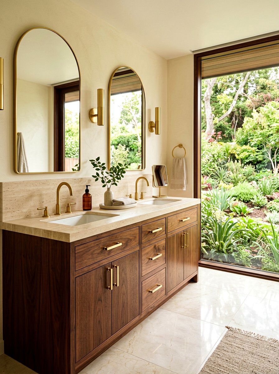 Travertine vanity with walnut wood - 30 travertine vanity bathroom ideas