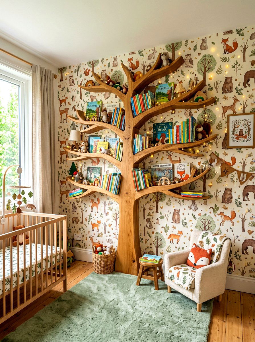 Tree Bookshelf Nursery Wall - 30 nursery library wall ideas