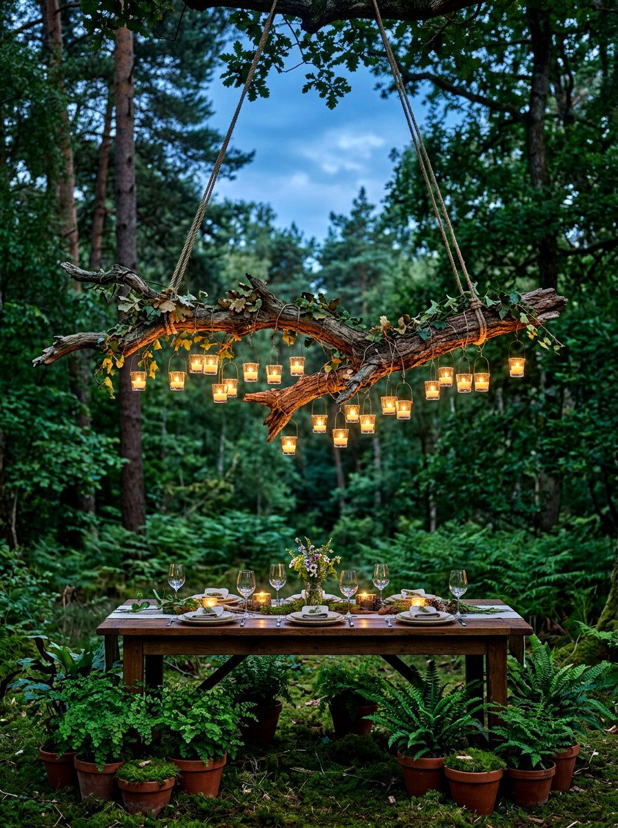 Tree Branch Candle Chandeliers - 30 candlelit garden dinner ideas