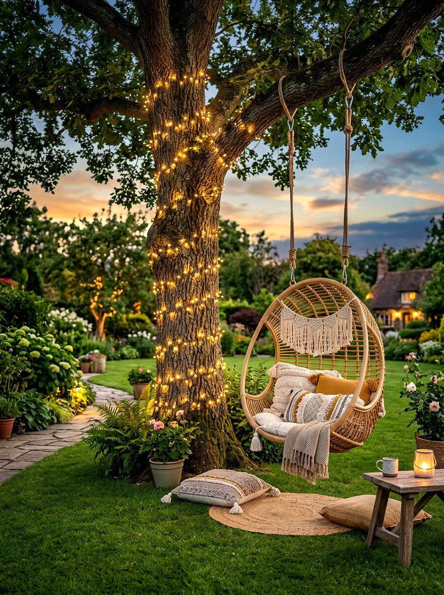Tree Hanging Chair - 30 evening backyard lounge ideas