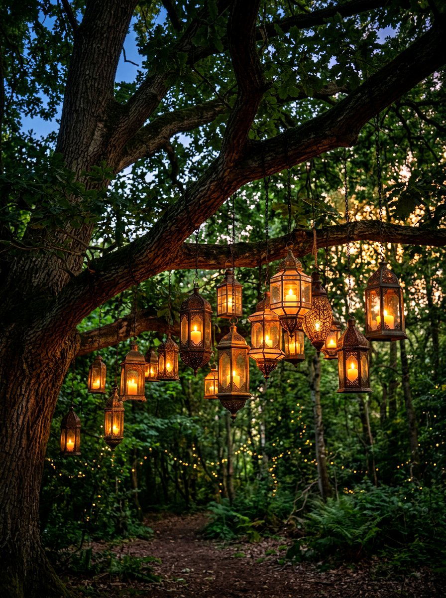 Tree Hanging Lantern Decor - 30 backyard wedding decor ideas