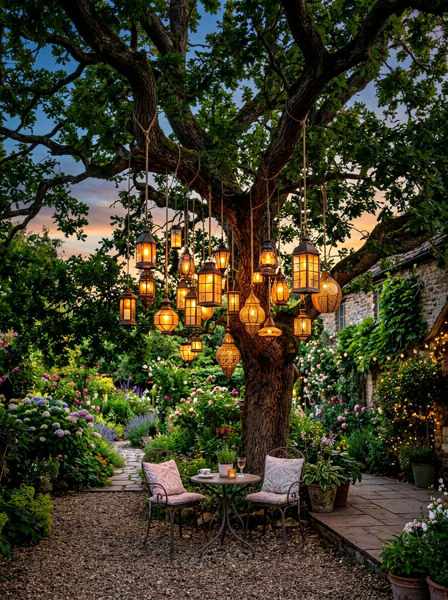 Tree Lantern Cluster - 30 lantern cluster patio ideas