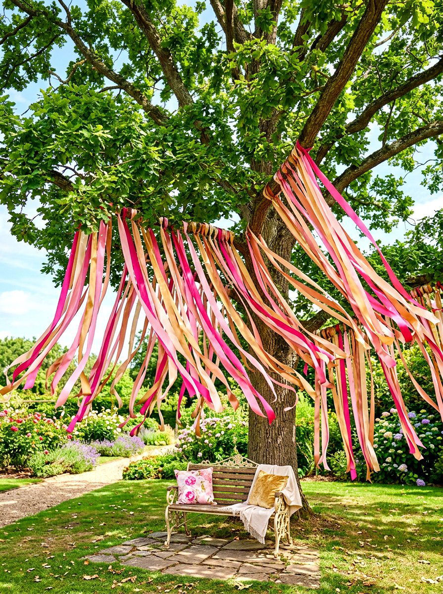 Tree Ribbon Decoration - 30 garden tea party decor ideas