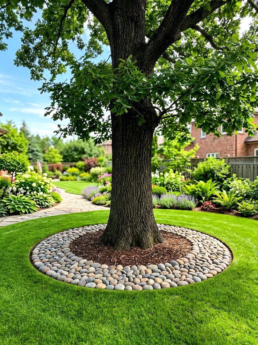 Tree Ring Accent - 30 river rock landscaping ideas
