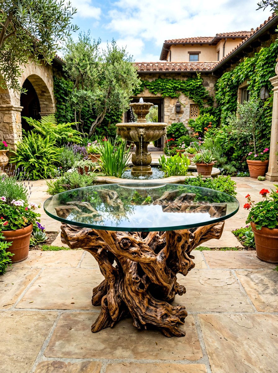 Tree Root Glass Table - 30 rustic outdoor furniture ideas