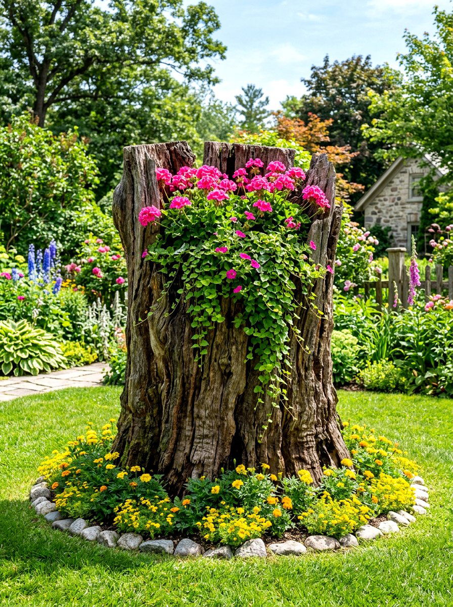 Tree Stump Flowerbed - 30 budget garden ideas