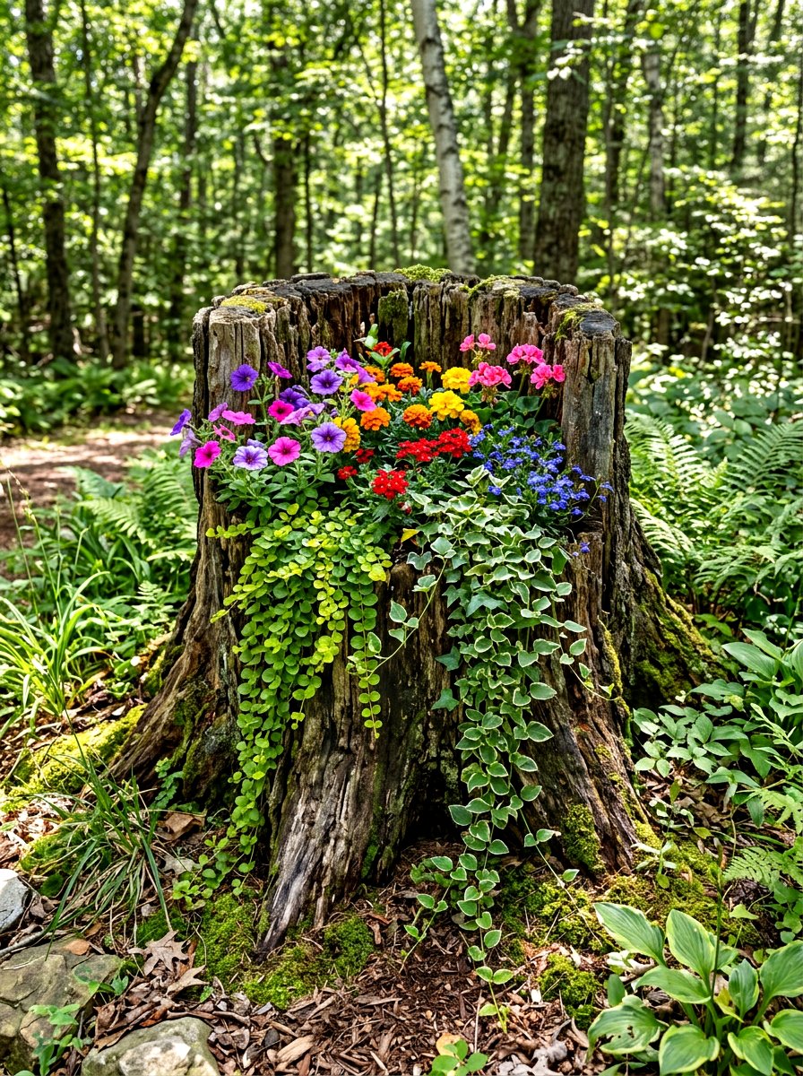 Tree Stump Planter - 30 woodland backyard landscaping ideas