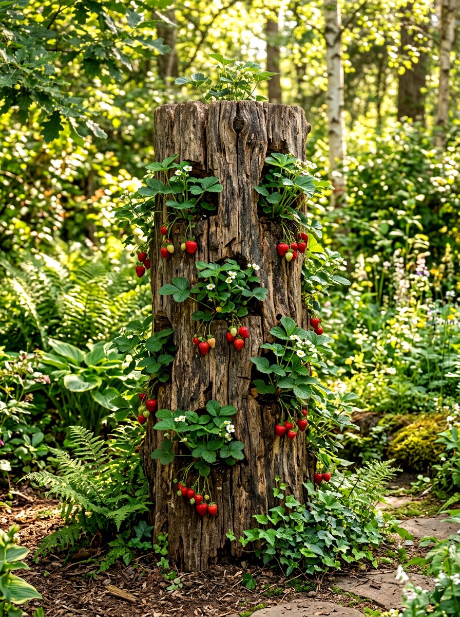 Tree Stump Vertical Garden - 30 strawberry tower ideas