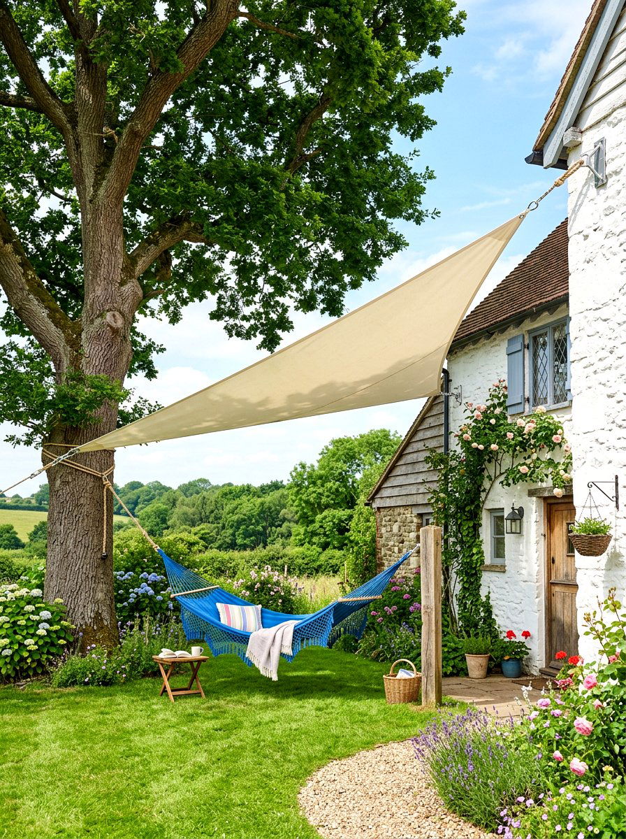 Tree To House Sail - 30 sun sail patio ideas