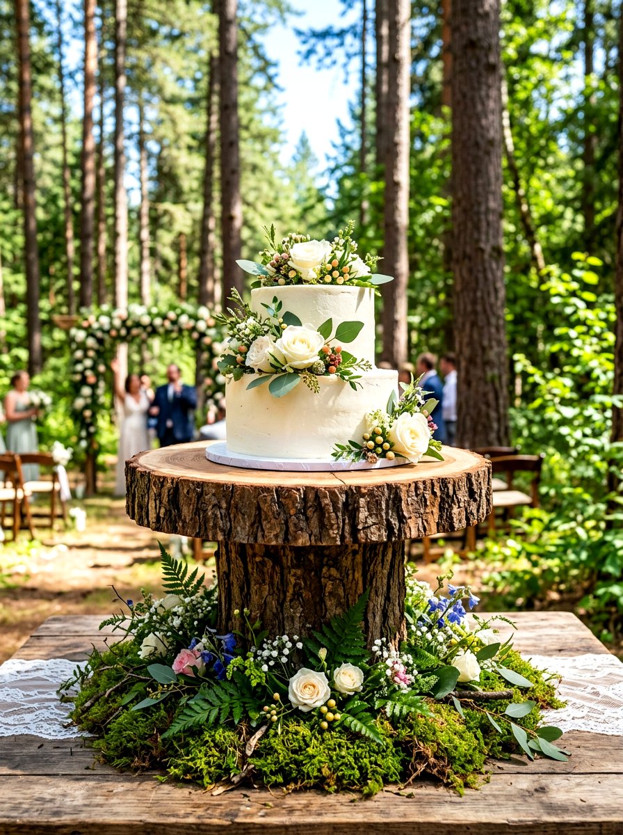 Tree Trunk Cake Stand - 30 backyard wedding decor ideas