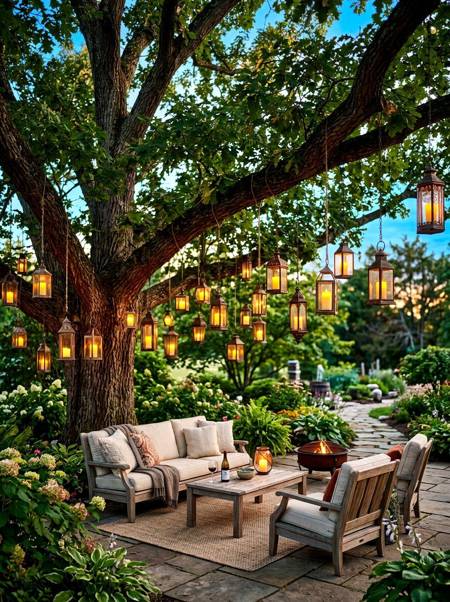 Tree hung candle lanterns - 30 starlit patio hosting ideas