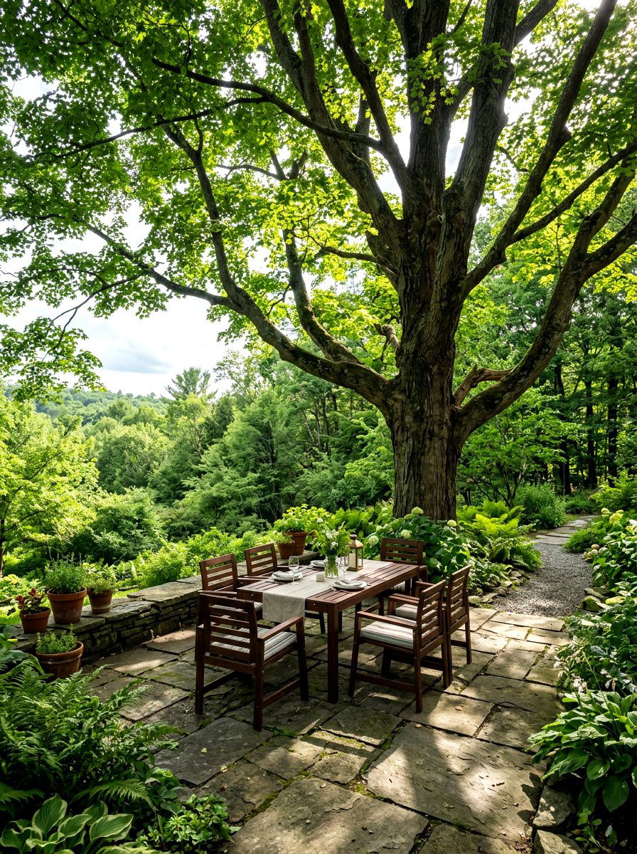 Tree shaded terrace table - 30 patio breakfast area ideas
