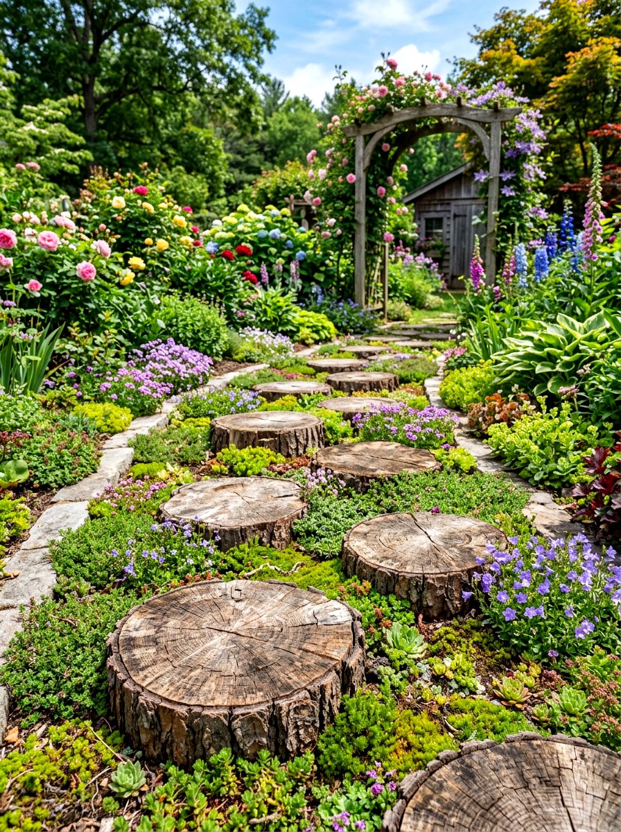 Tree stump stepping stones - 30 woodland path ideas