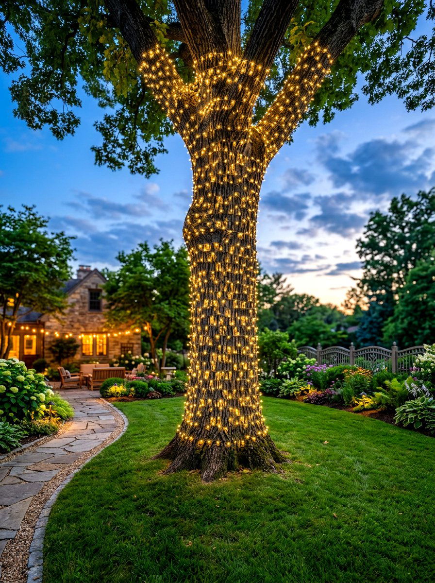 Tree trunk wrap lighting - 30 string light ideas