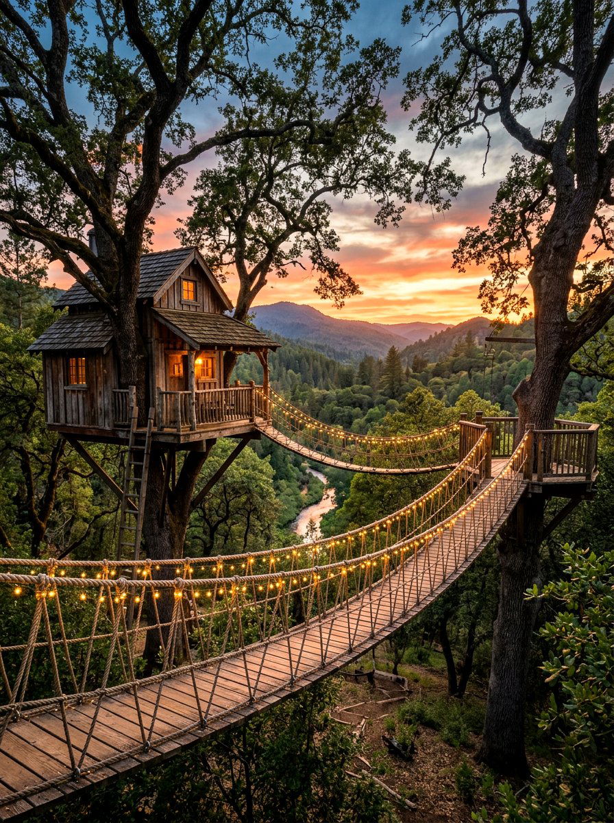 Treehouse With Suspension Bridge - 30 treehouse ideas