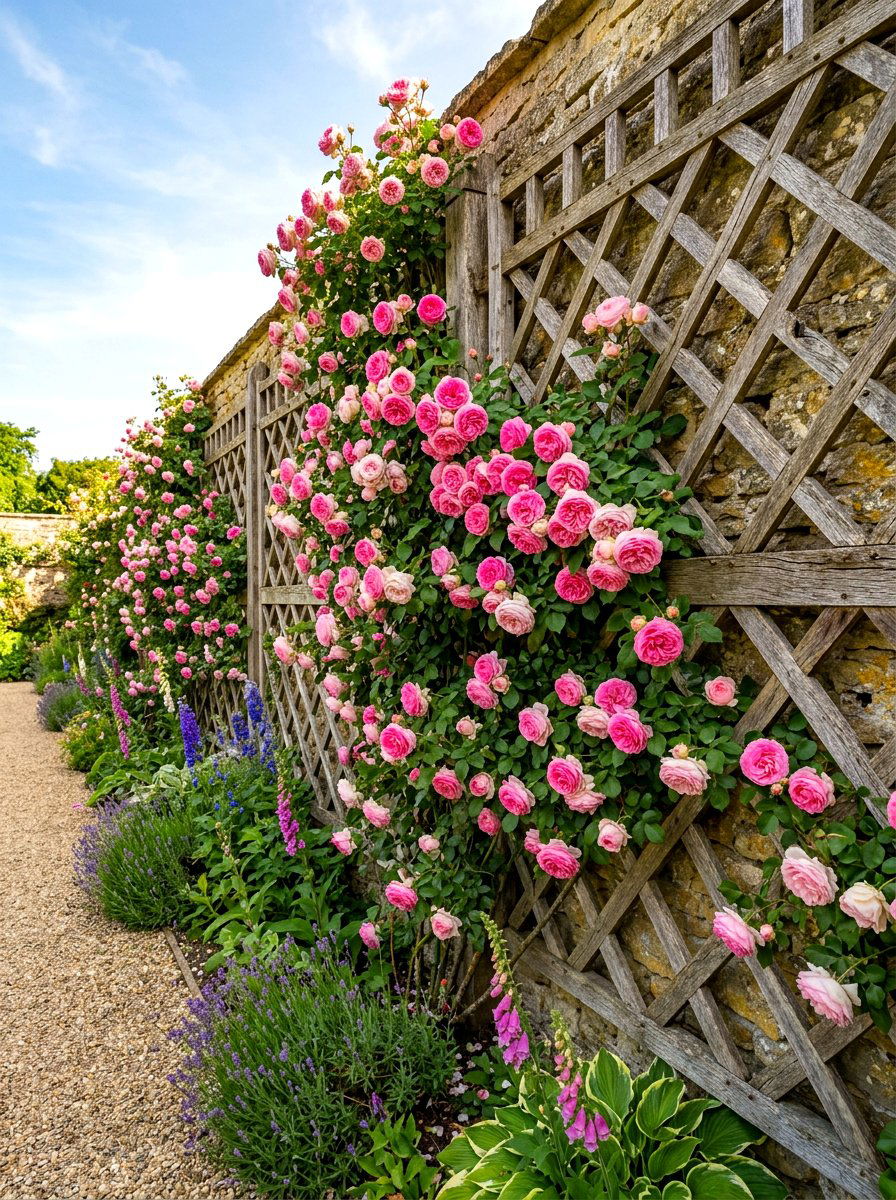 Trellis Climbing Rose Wall - 30 rustic vertical garden ideas