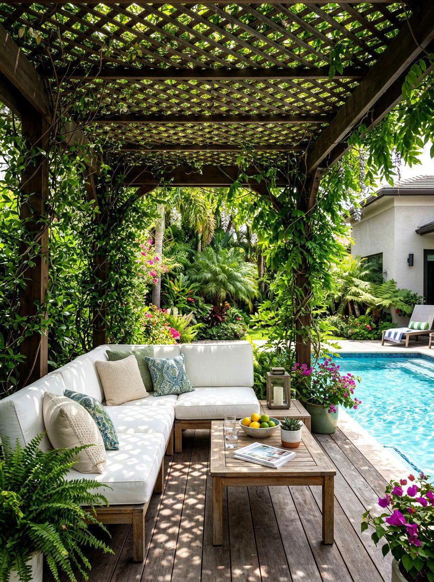 Trellis Pool Side Seating - 30 pool cabana ideas