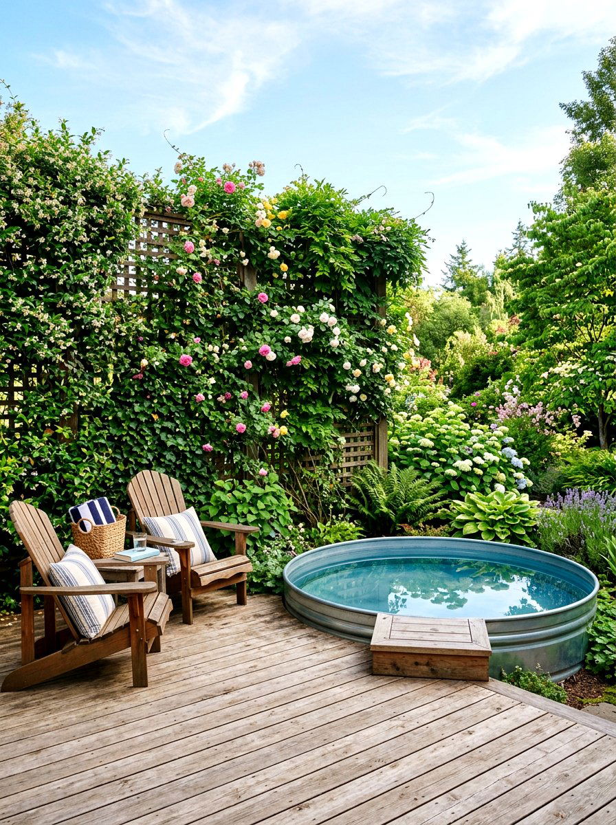 Trellis Wall Pool Deck - 30 stock tank pool deck ideas