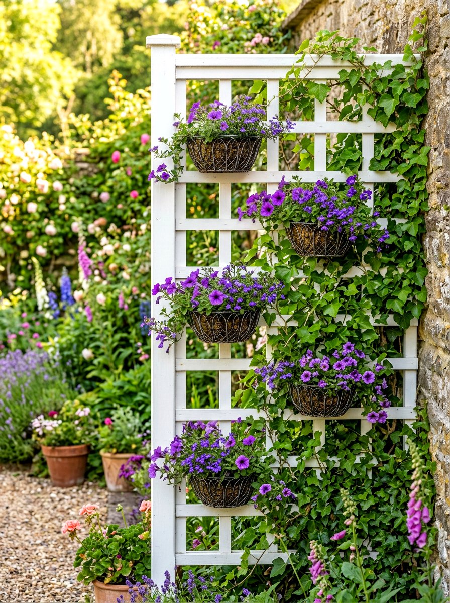 Trellis basket mount - 30 hanging container garden ideas
