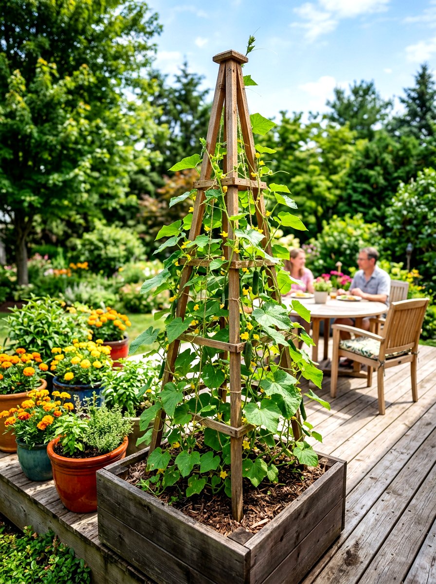 Trellised Cucumber Container - 30 edible patio garden ideas
