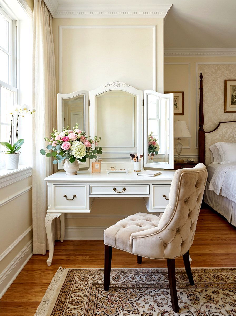 Tri fold mirror vanity - 30 bedroom vanity corner ideas