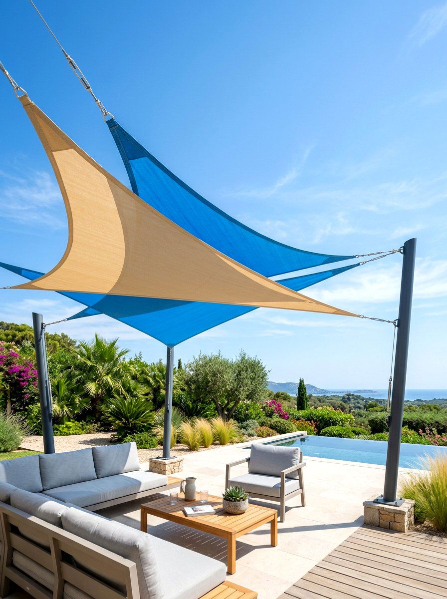 Triangle shade sails - 30 deck shade ideas