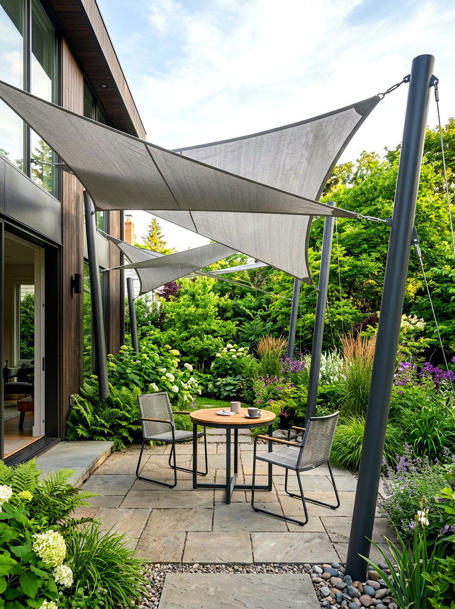 Triangular Shade Sail Layout - 30 sun sail patio ideas