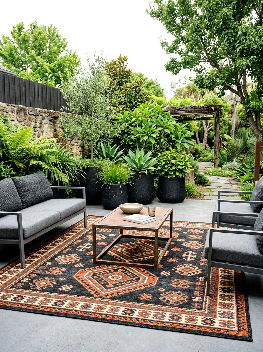 Tribal Print Over Gray Outdoor Rug - 30 layered outdoor rug ideas