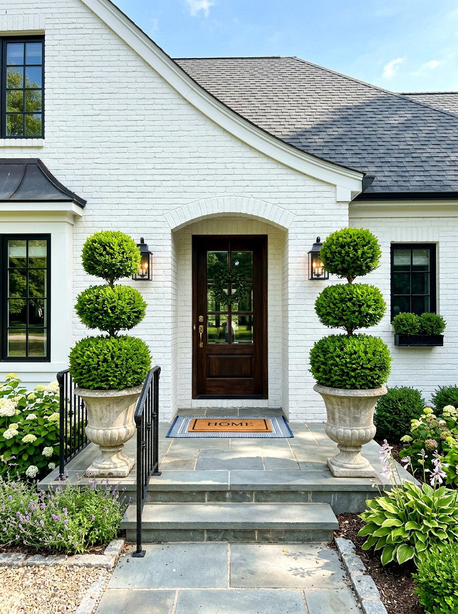 Triple Ball Boxwood Entryway - 30 topiary front porch ideas aesthetic