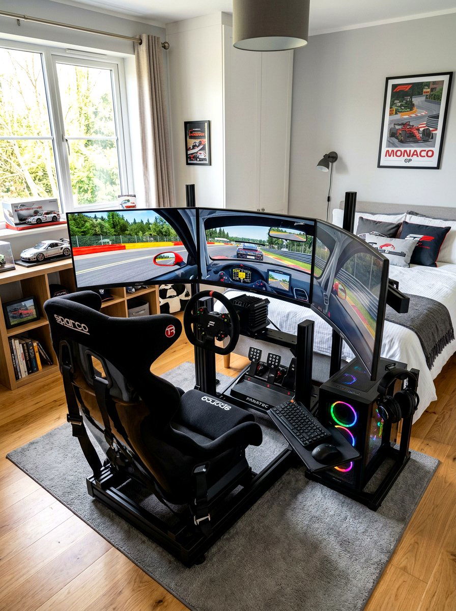 Triple Monitor Racing Sim Setup - 30 gamer bedroom ideas