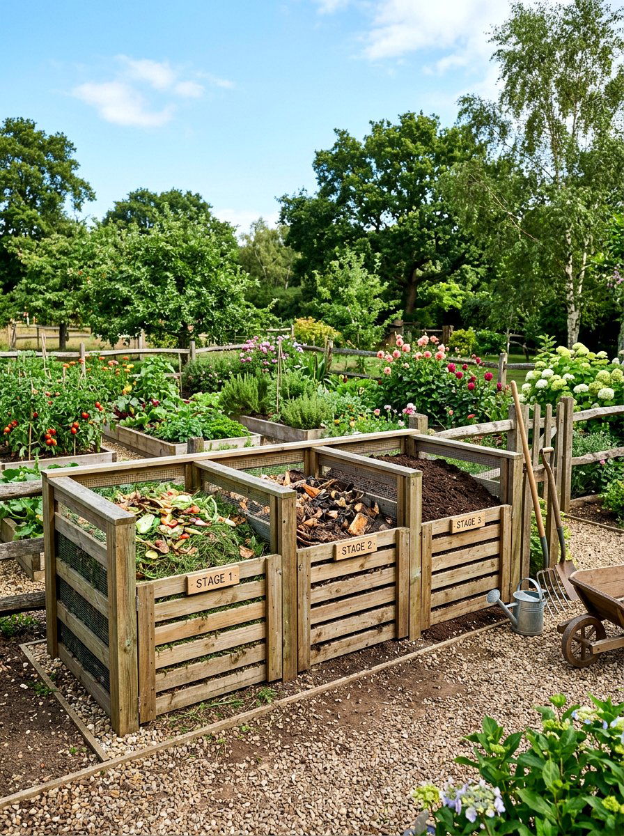 Triple bin compost system - 30 compost corner garden ideas