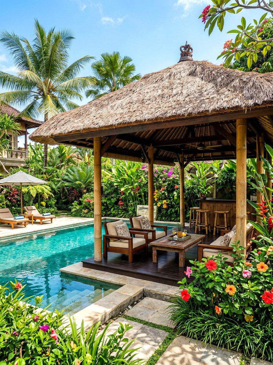 Tropical Backyard Pool Pavilion - 30 pool house lounge backyard ideas
