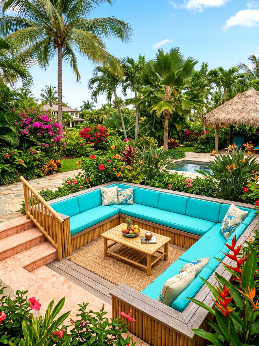 Tropical Backyard Sunken Seating - 30 conversation pit backyard ideas