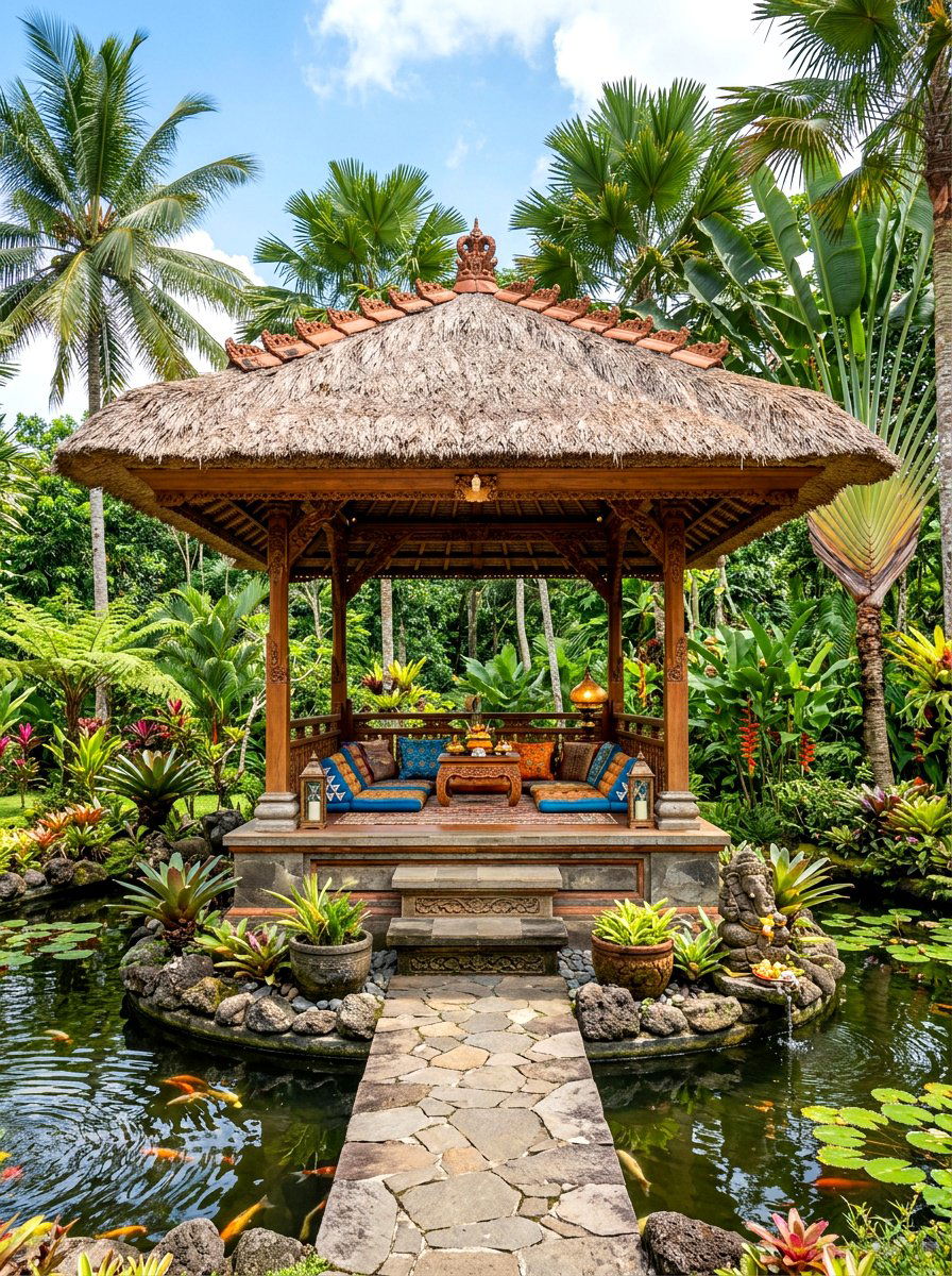Tropical Balinese Teak Pavilion - 30 warm wood patio lounge ideas