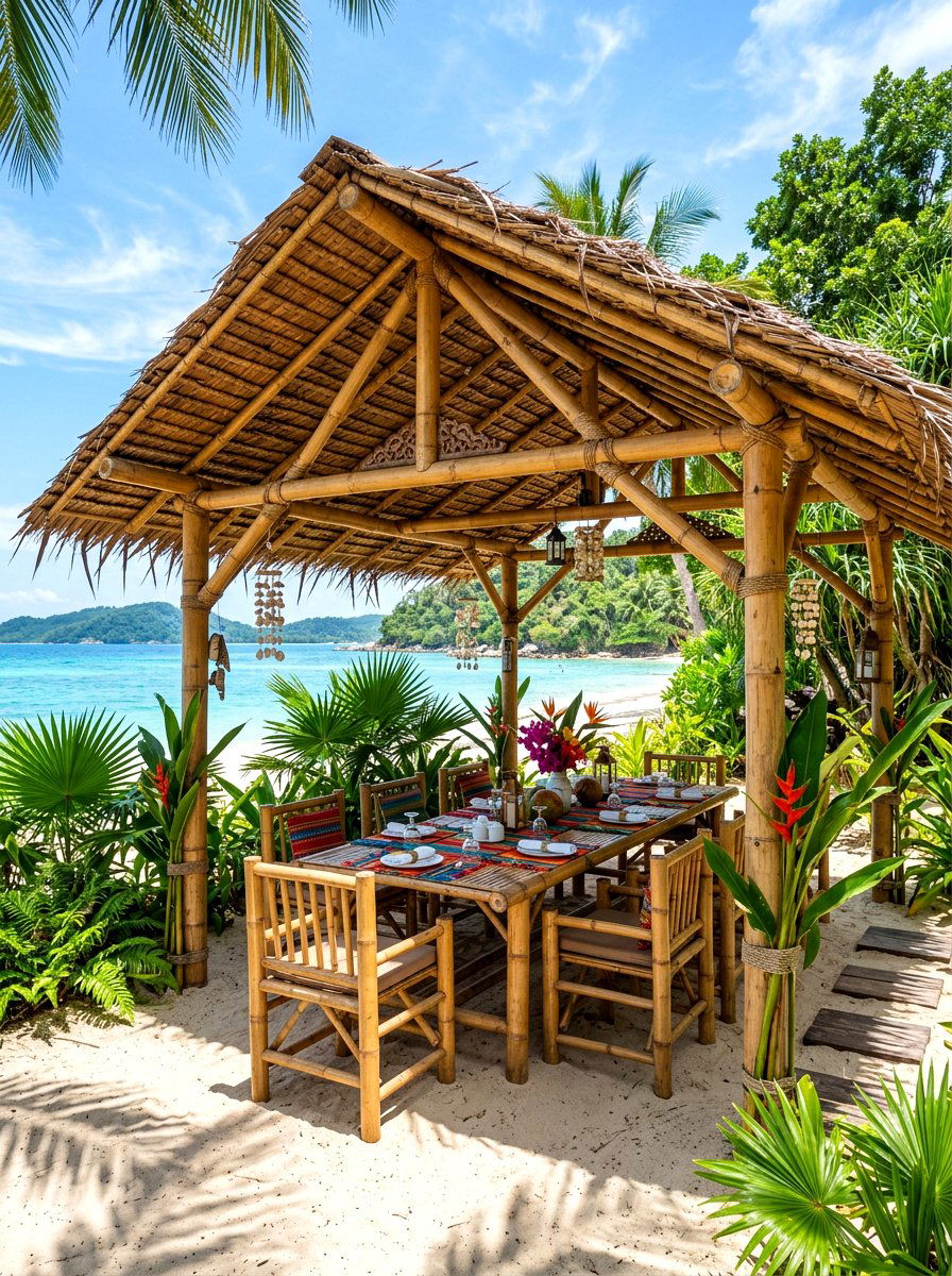 Tropical Bamboo Dining Pergola - 30 backyard dining pergola ideas