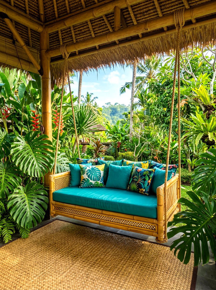 Tropical Bamboo Swing Bed - 30 porch daybed swing ideas