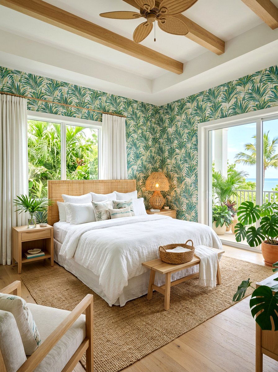 Tropical Bedroom With Bamboo Wicker Lamp - 30 bedroom lighting ideas