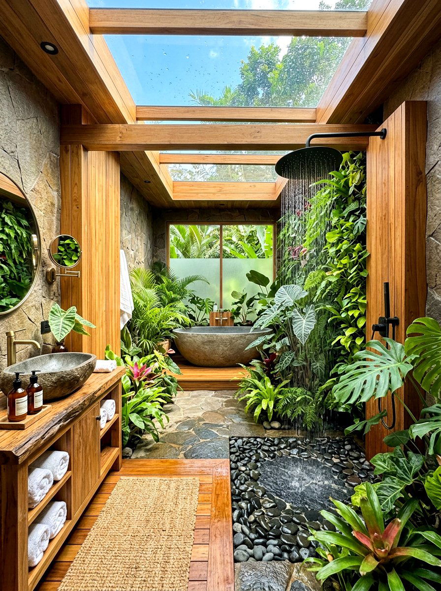 Tropical Biophilic Bathroom - 30 rain shower bathroom ideas