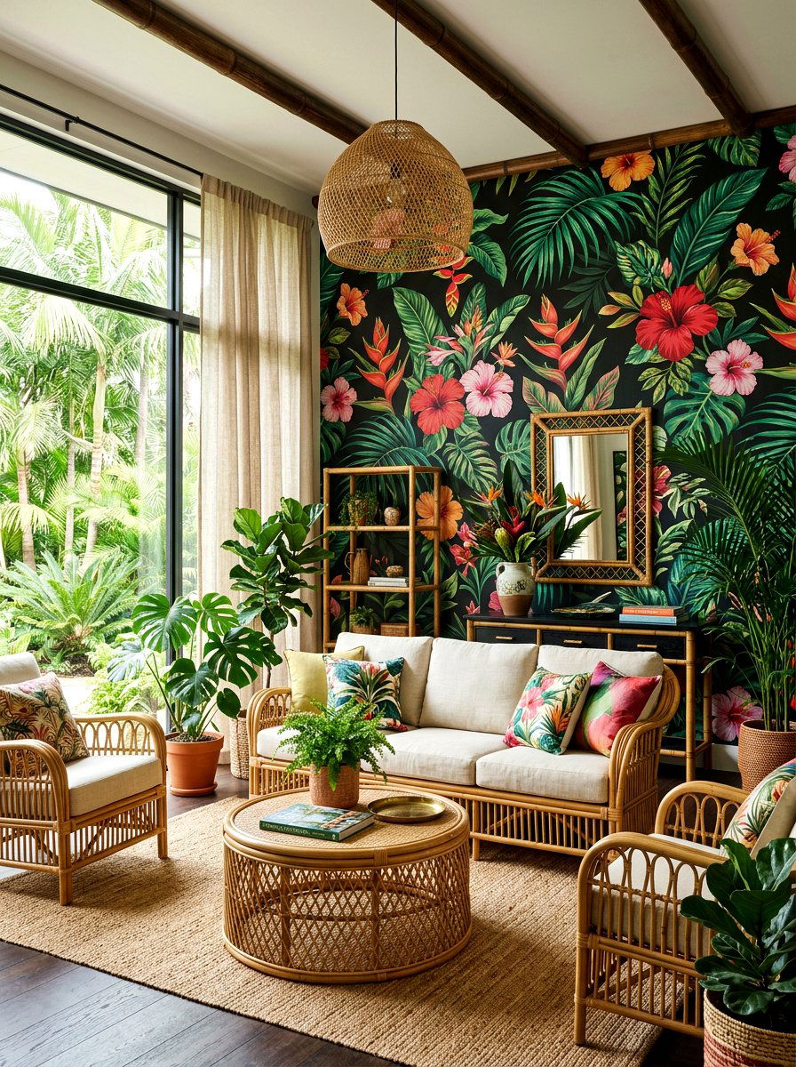 Tropical Dark Floral Living Room - 30 dark floral living room ideas